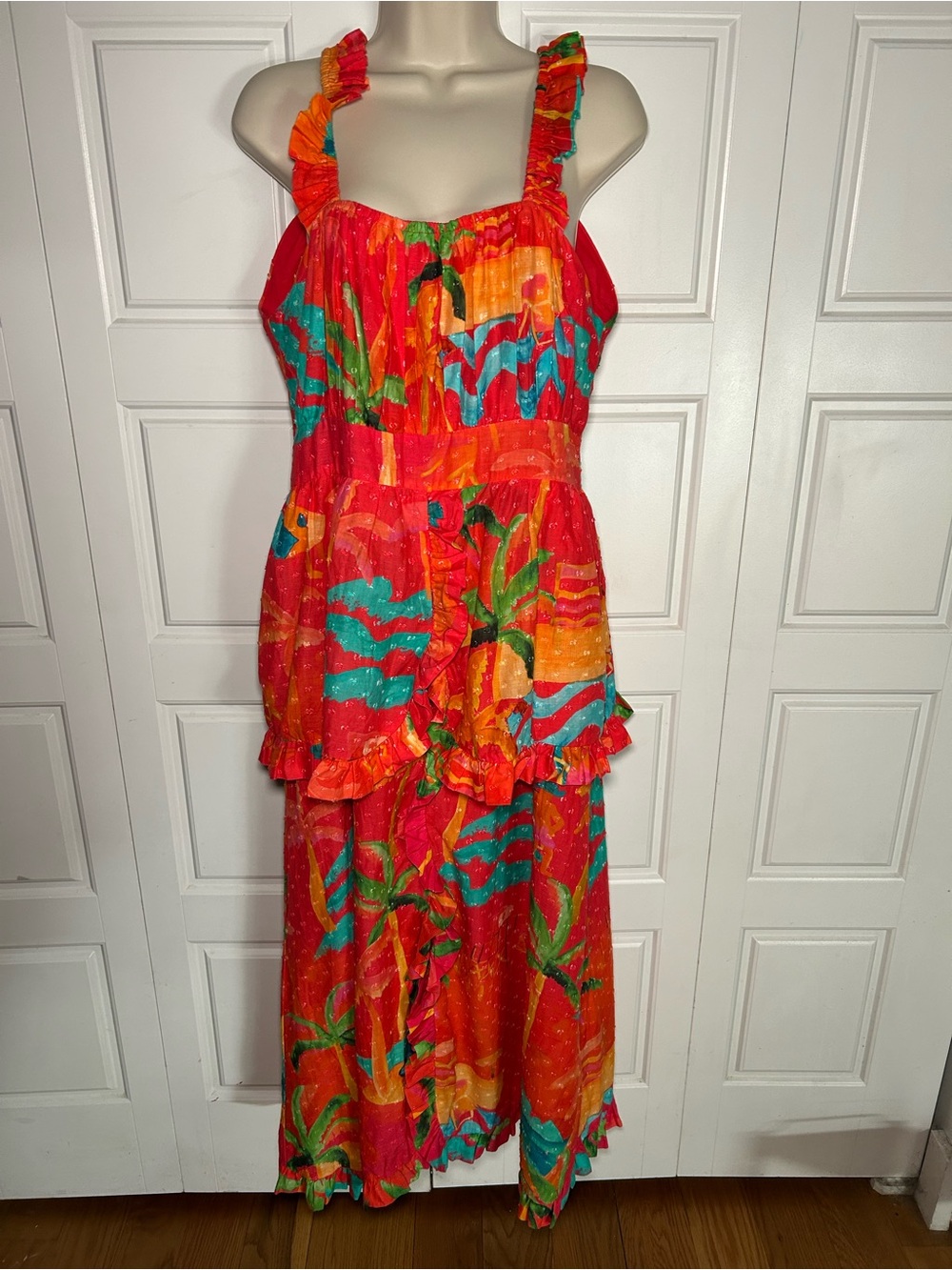 Farm Rio Ipanema Red Swiss Dot Ruffle Midi Dress